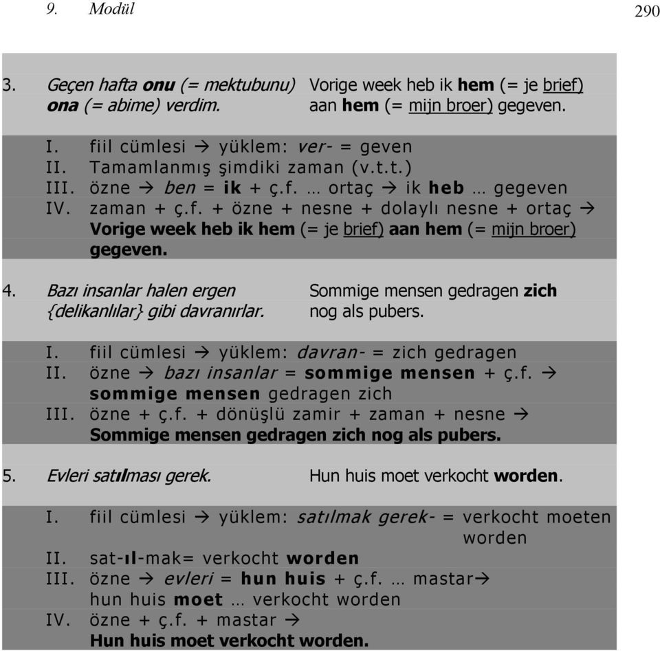 4. Bazı insanlar halen ergen Sommige mensen gedragen zich {delikanlılar} gibi davranırlar. nog als pubers. I. fiil cümlesi yüklem: davran- = zich gedragen II. özne bazı insanlar = sommige mensen + ç.