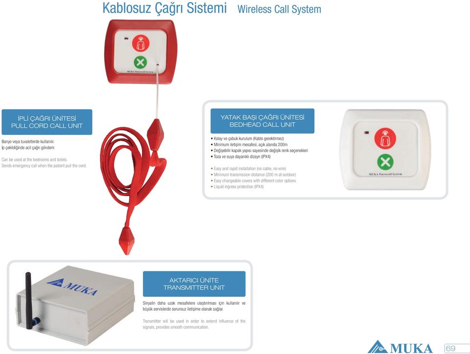 YATAK BAŞI ÇAĞRI ÜNİTESİ BEDHEAD CALL UNIT Kolay ve çabuk kurulum (Kablo gerektirmez) Minimum iletişim mesafesi, açık alanda 200m Değişebilir kapak yapısı sayesinde değişik renk seçenekleri Toza ve