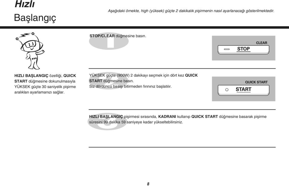 HIZLI BAfiLANGIÇ özelli i, QUICK START dü mesine dokunulmas yla YÜKSEK güçte 30 saniyelik piflirme aral klar ayarlaman z sa lar.