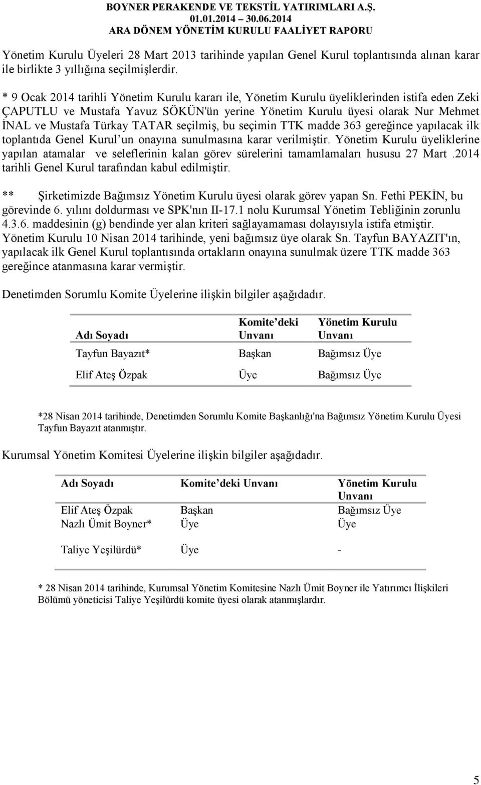 TATAR seçilmiş, bu seçimin TTK madde 363 gereğince yapılacak ilk toplantıda Genel Kurul un onayına sunulmasına karar verilmiştir.