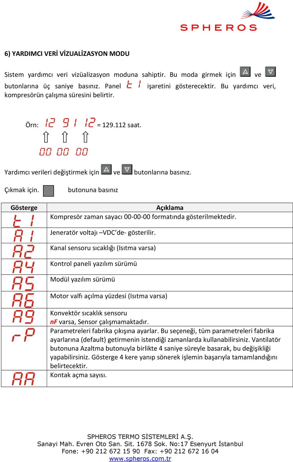 Gösterge butonuna basınız Açıklama Kompresör zaman sayacı 00-00-00 formatında gösterilmektedir. Jeneratör voltajı VDC de- gösterilir.