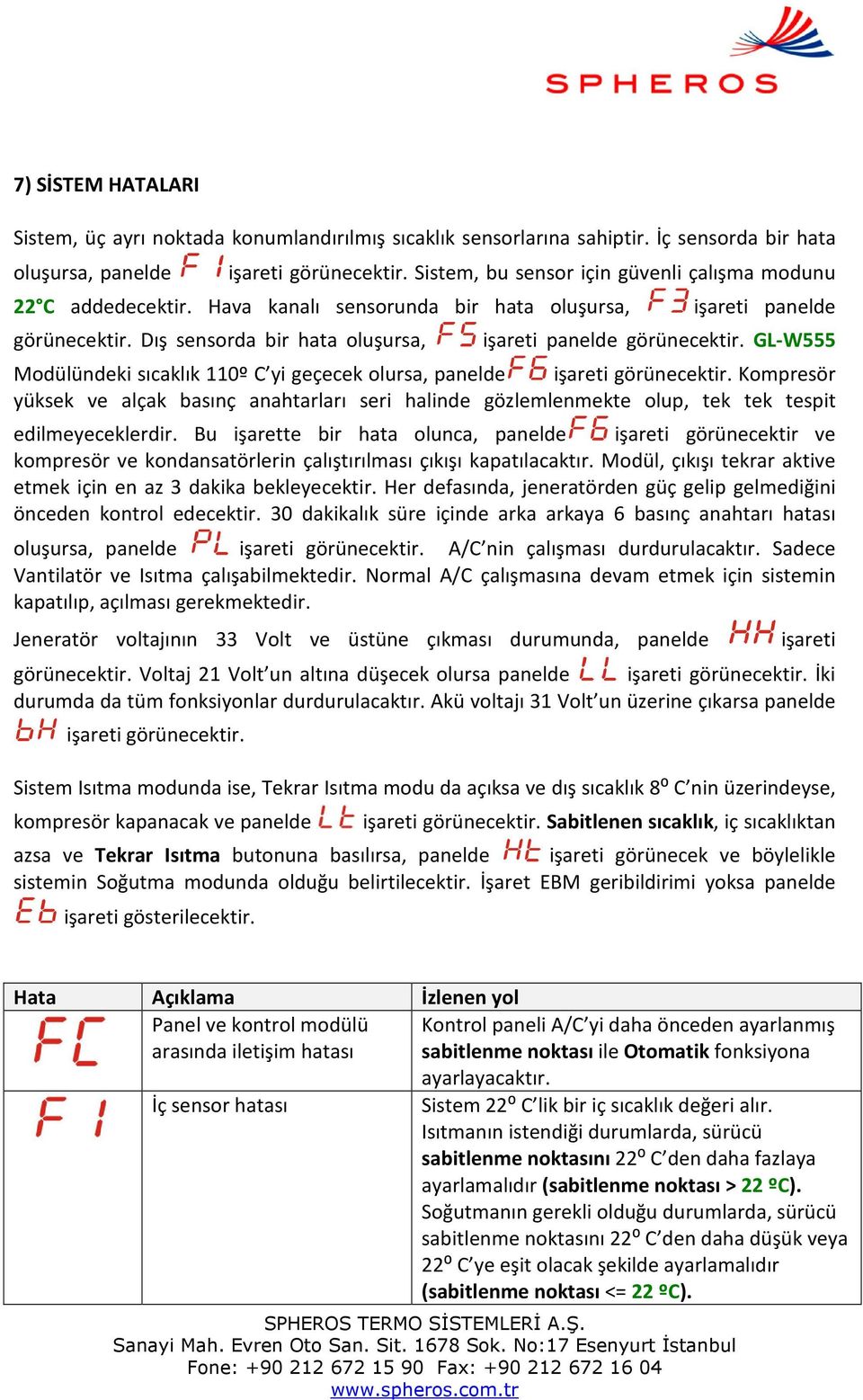 GL-W555 Modülündeki sıcaklık 110º C yi geçecek olursa, panelde işareti görünecektir. Kompresör yüksek ve alçak basınç anahtarları seri halinde gözlemlenmekte olup, tek tek tespit edilmeyeceklerdir.