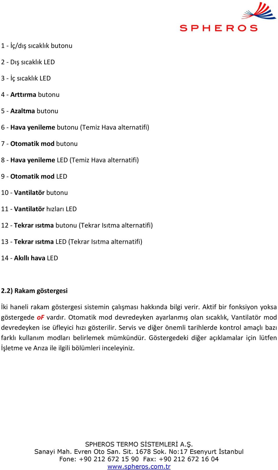 alternatifi) 14 - Akıllı hava LED 2.2) Rakam göstergesi İki haneli rakam göstergesi sistemin çalışması hakkında bilgi verir. Aktif bir fonksiyon yoksa göstergede of vardır.