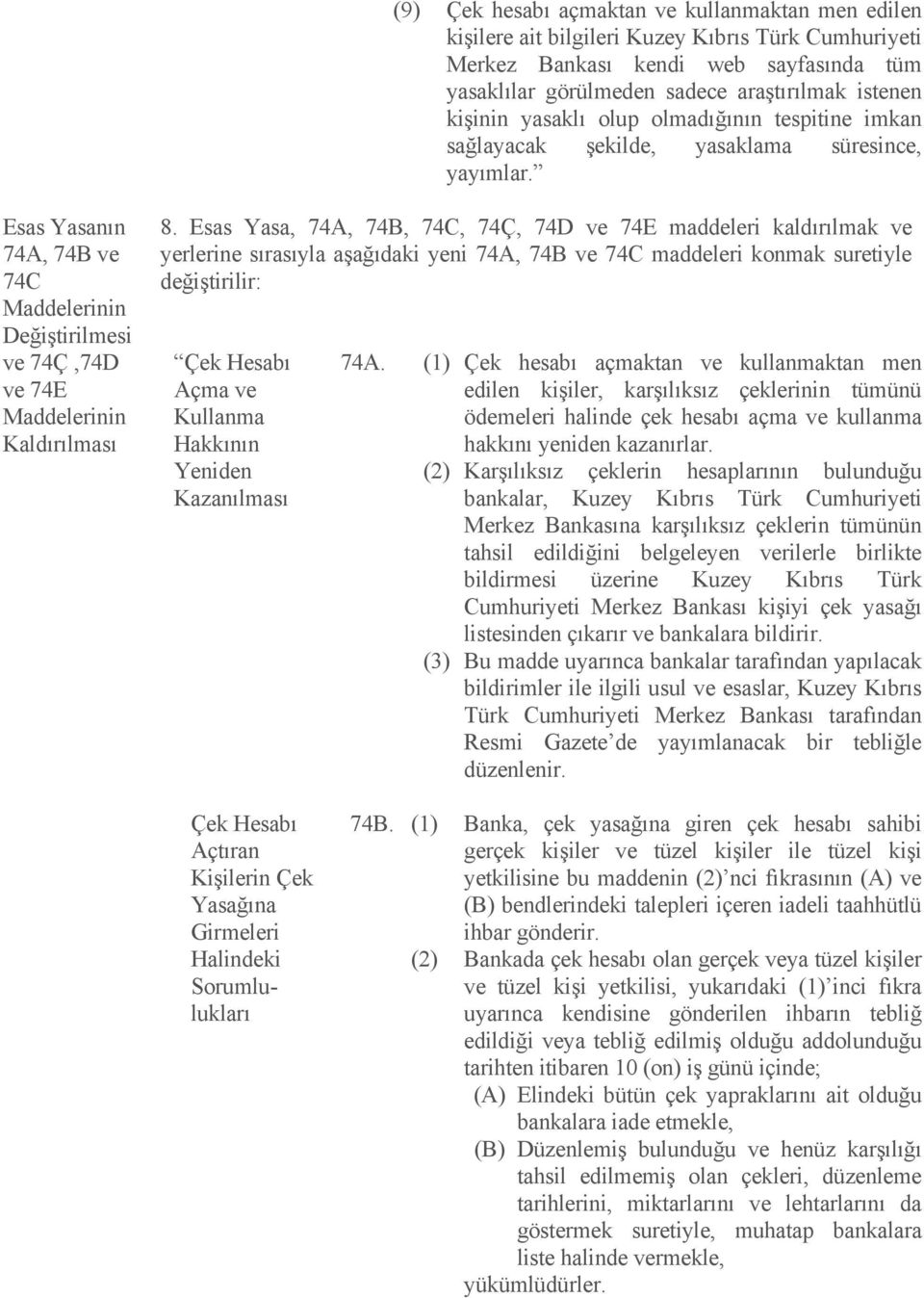 Esas Yasa, 74A, 74B, 74C, 74Ç, 74D ve 74E maddeleri kaldırılmak ve yerlerine sırasıyla aşağıdaki yeni 74A, 74B ve 74C maddeleri konmak suretiyle değiştirilir: Çek Hesabı Açma ve Kullanma Hakkının