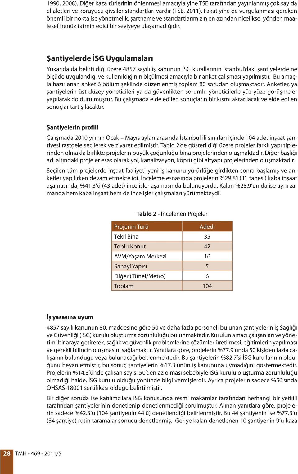 Şantiyelerde İSG Uygulamaları Yukarıda da belirtildiği üzere 4857 sayılı iş kanunun İSG kurallarının İstanbul daki şantiyelerde ne ölçüde uygulandığı ve kullanıldığının ölçülmesi amacıyla bir anket