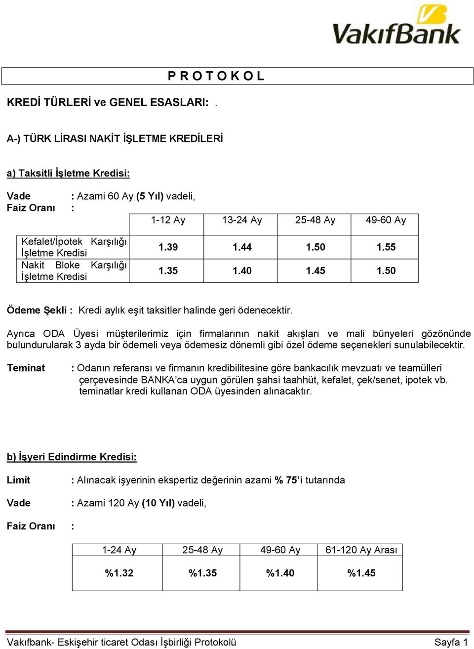 İşletme Kredisi 1.39 1.44 1.50 1.55 1.35 1.40 1.45 1.50 Ödeme Şekli : Kredi aylık eşit taksitler halinde geri ödenecektir.