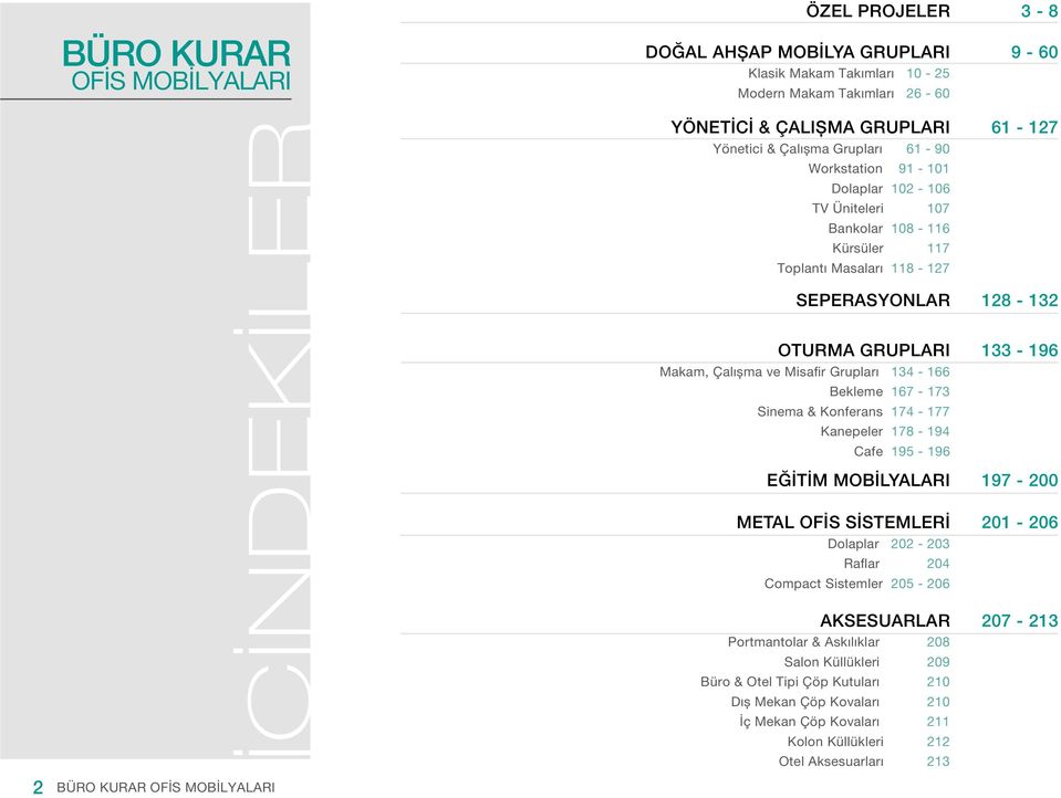 Çalışma ve Misafir Grupları 134-166 Bekleme 167-173 Sinema & Konferans 174-177 Kanepeler 178-194 Cafe 195-196 EĞİTİM MOBİLYALARI METAL OFİS SİSTEMLERİ Dolaplar 202-203 Raflar 204 Compact Sistemler