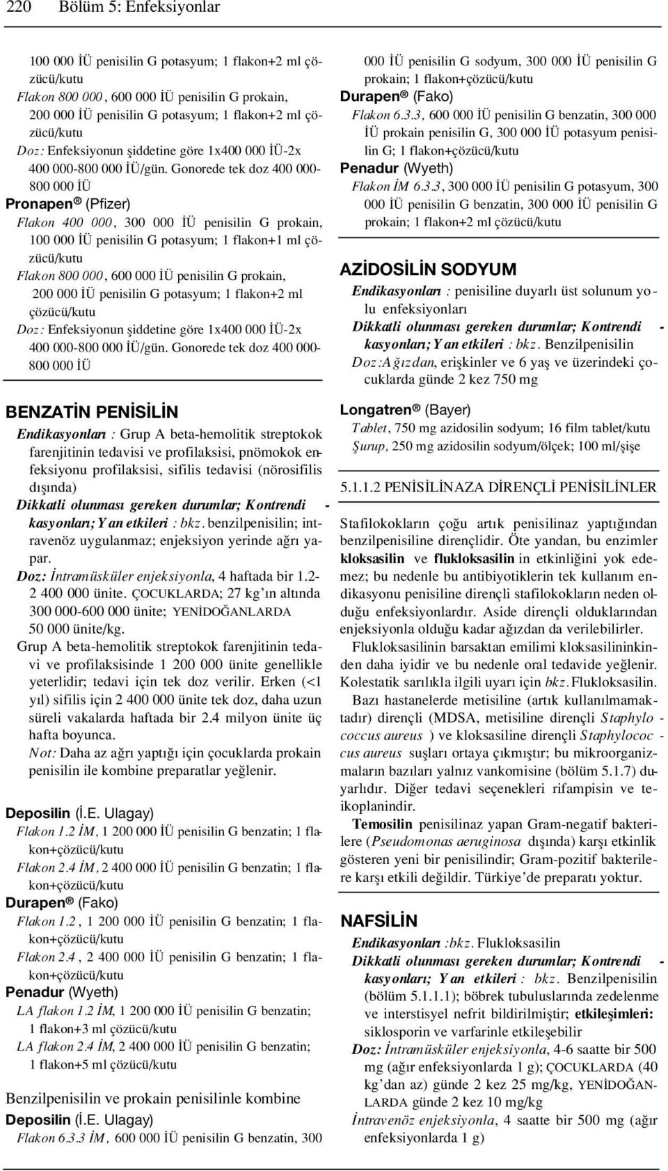 Gonorede tek doz 400 000-800 000 Ü Pronapen (Pfizer) Flakon 400 000, 300 000 Ü penisilin G prokain, 100 000 Ü penisilin G potasyum; 1 flakon+1 ml çözücü/kutu Flakon 800 000, 600 000 Ü penisilin G