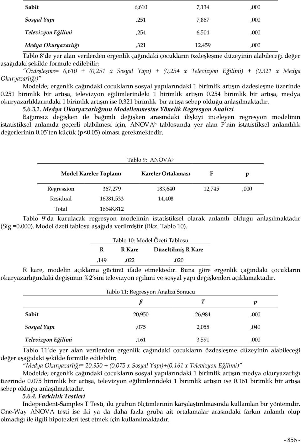 sosyal yapılarındaki 1 birimlik artışın özdeşleşme üzerinde 0.251 birimlik bir artışa, televizyon eğilimlerindeki 1 birimlik artışın 0.