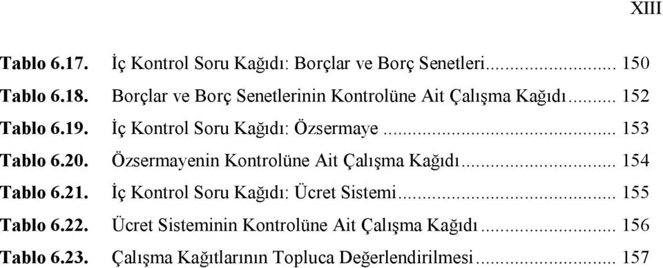 .. 153 Tablo 6.20. Özsermayenin Kontrolüne Ait Çalışma Kağıdı... 154 Tablo 6.21.