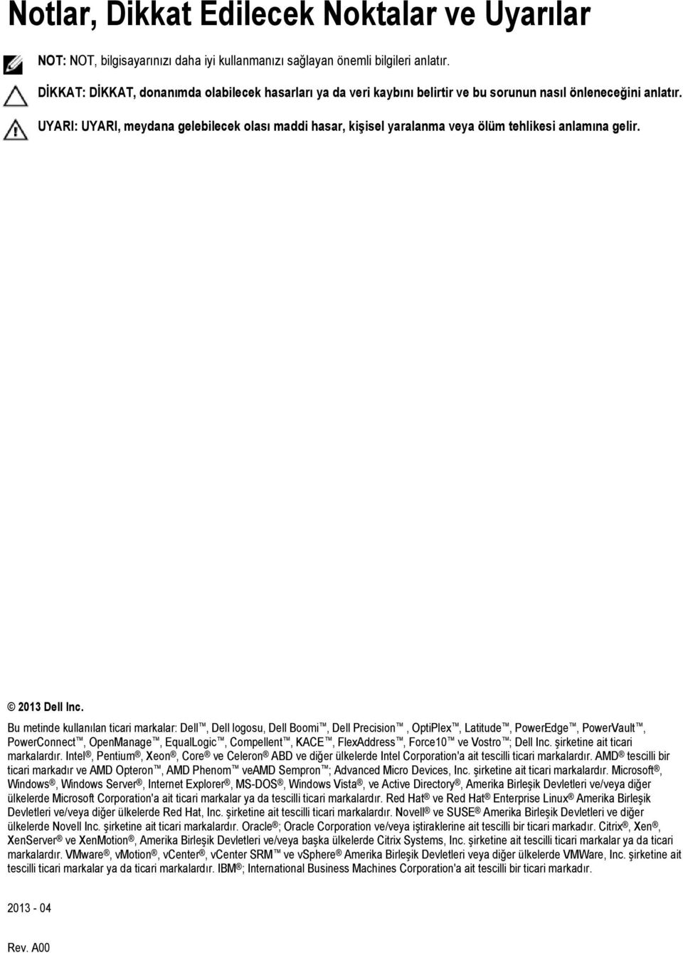 UYARI: UYARI, meydana gelebilecek olası maddi hasar, kişisel yaralanma veya ölüm tehlikesi anlamına gelir. 2013 Dell Inc.