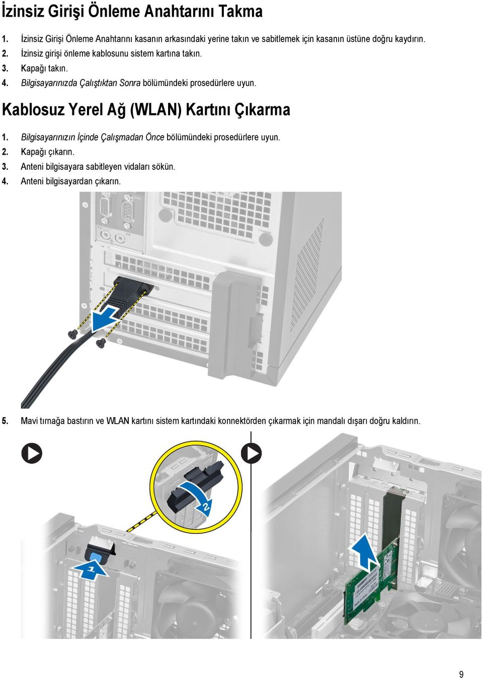 Kablosuz Yerel Ağ (WLAN) Kartını Çıkarma 1. Bilgisayarınızın İçinde Çalışmadan Önce bölümündeki prosedürlere uyun. 2. Kapağı çıkarın. 3.