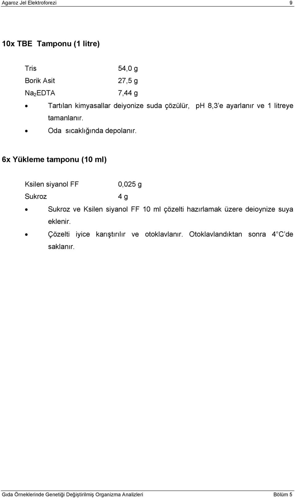 6x Yükleme tamponu (10 ml) Ksilen siyanol FF 0,025 g Sukroz 4 g Sukroz ve Ksilen siyanol FF 10 ml çözelti