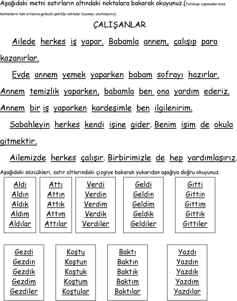 Sabahleyin herkes kendi işine gider. Benim işim de okula gitmektir. Ailemizde herkes çalışır. Birbirimizle de hep yardımlaşırız.