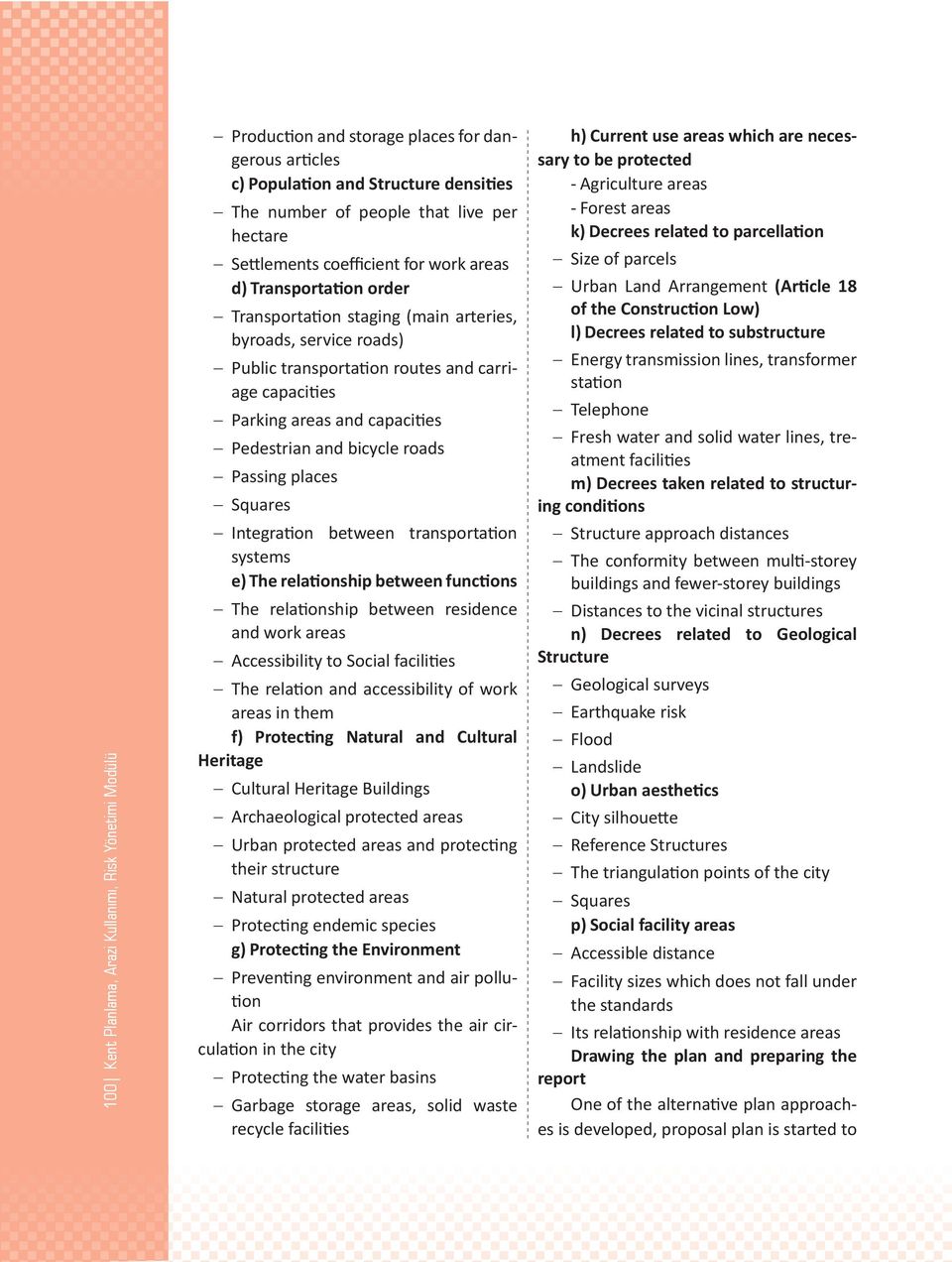 capacities Pedestrian and bicycle roads Passing places Squares Integration between transportation systems e) The relationship between functions The relationship between residence and work areas