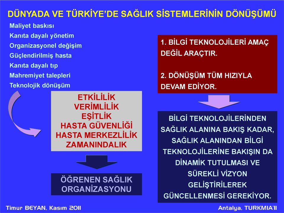 ÖĞRENEN SAĞLIK ORGANİZASYONU 1. BİLGİ TEKNOLOJİLERİ AMAÇ DEĞİL ARAÇTIR. 2. DÖNÜŞÜM TÜM HIZIYLA DEVAM EDİYOR.