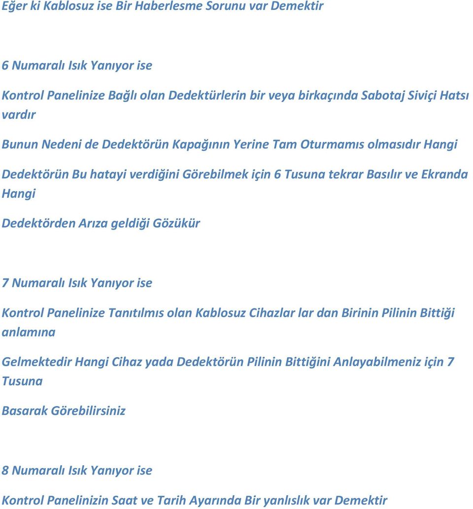 Arıza geldiği Gözükür 7 Numaralı Isık Yanıyor ise Kontrol Panelinize Tanıtılmıs olan Kablosuz Cihazlar lar dan Birinin Pilinin Bittiği anlamına Gelmektedir Hangi Cihaz yada