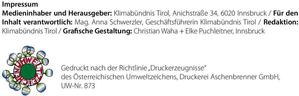 Anna Schwerzler, Geschäftsführerin Klimabündnis Tirol / Redaktion: Klimabündnis Tirol / Grafische
