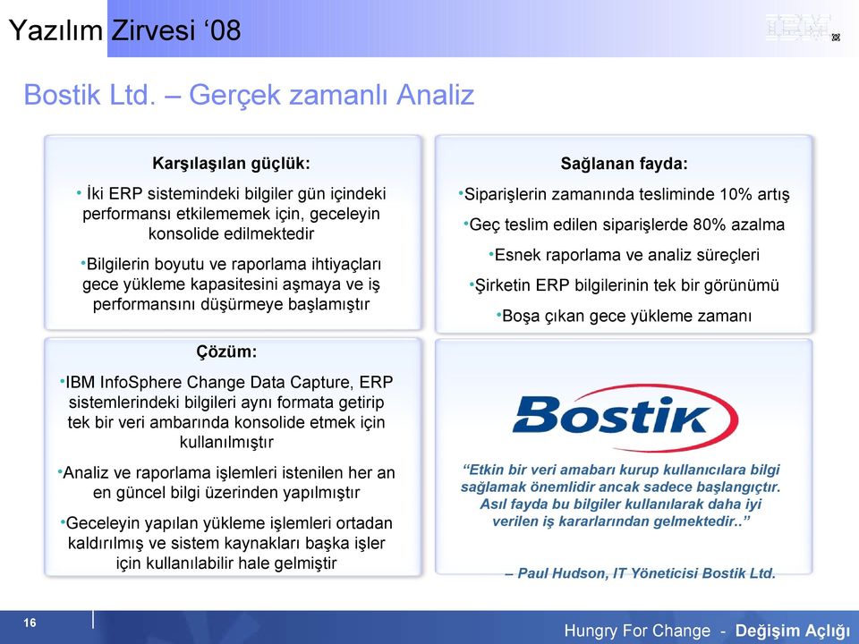 10% artış Bilgilerin boyutu ve raporlama ihtiyaçları gece yükleme kapasitesini aşmaya ve iş performansını düşürmeye başlamıştır Geç teslim edilen siparişlerde 80% azalma Esnek raporlama ve analiz