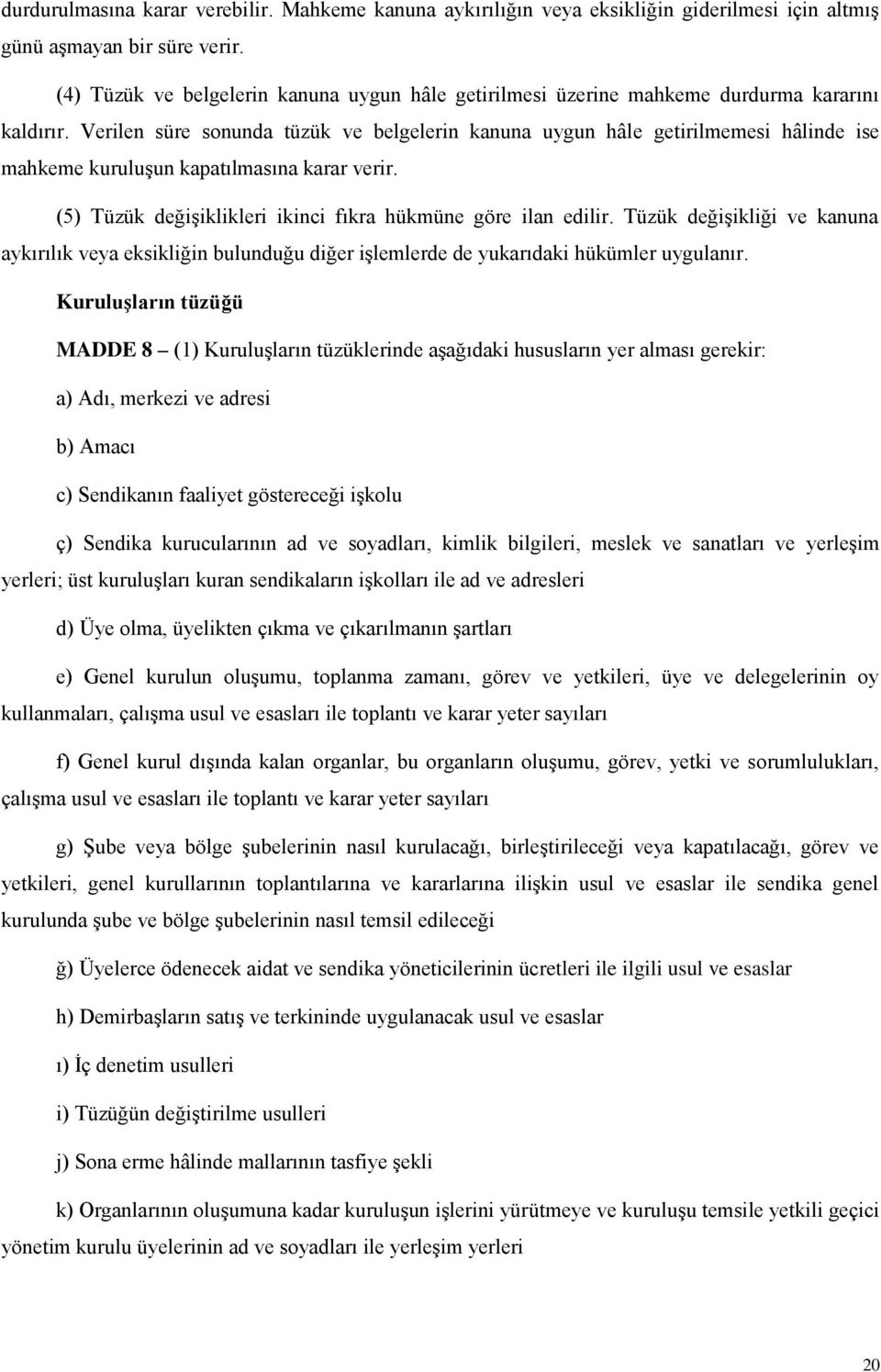 Verilen süre sonunda tüzük ve belgelerin kanuna uygun hâle getirilmemesi hâlinde ise mahkeme kuruluşun kapatılmasına karar verir. (5) Tüzük değişiklikleri ikinci fıkra hükmüne göre ilan edilir.