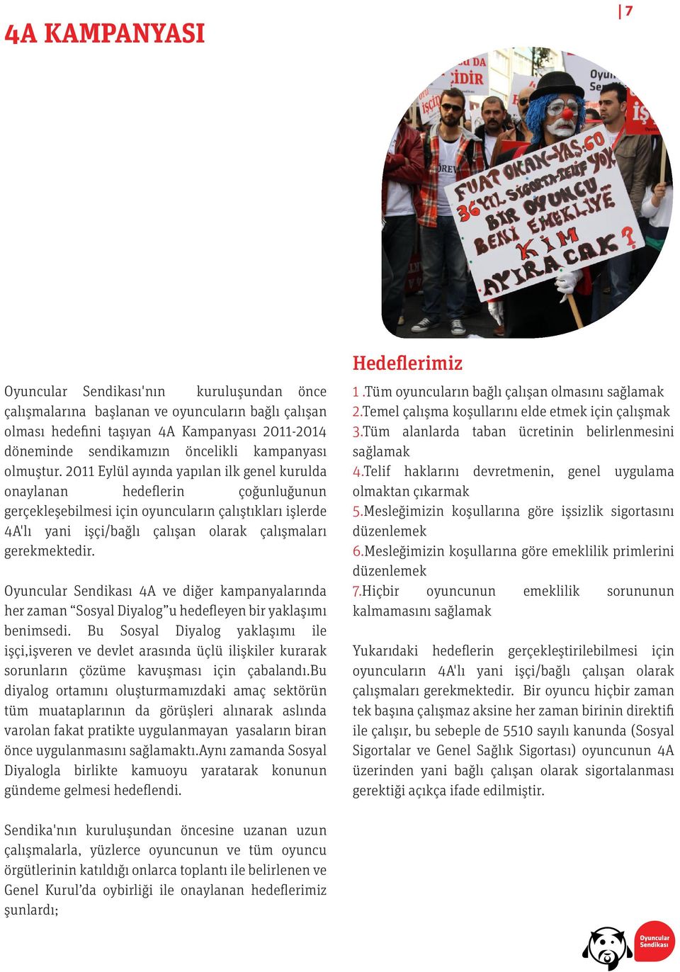 2011 Eylül ayında yapılan ilk genel kurulda onaylanan hedeflerin çoğunluğunun gerçekleşebilmesi için oyuncuların çalıştıkları işlerde 4A'lı yani işçi/bağlı çalışan olarak çalışmaları gerekmektedir.