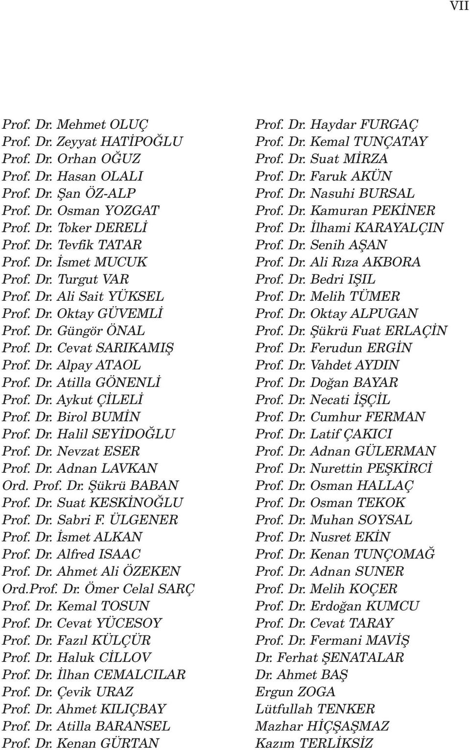 Dr. Halil SEY DO LU Prof. Dr. Nevzat ESER Prof. Dr. Adnan LAVKAN Ord. Prof. Dr. fiükrü BABAN Prof. Dr. Suat KESK NO LU Prof. Dr. Sabri F. ÜLGENER Prof. Dr. smet ALKAN Prof. Dr. Alfred ISAAC Prof. Dr. Ahmet Ali ÖZEKEN Ord.