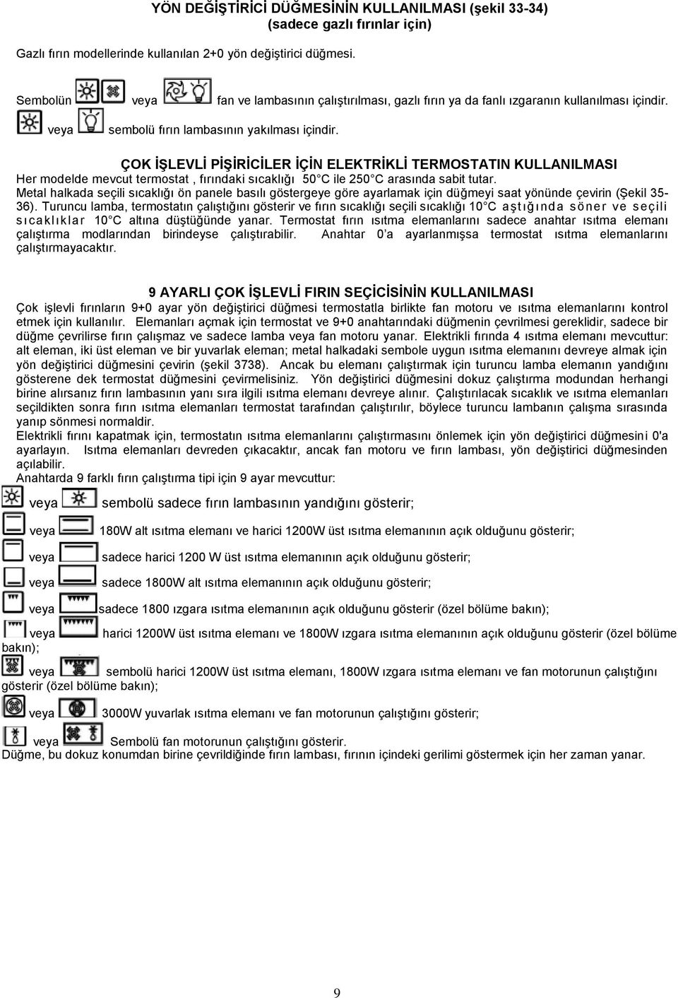 ÇOK ĠġLEVLĠ PĠġĠRĠCĠLER ĠÇĠN ELEKTRĠKLĠ TERMOSTATIN KULLANILMASI Her modelde mevcut termostat, fırındaki sıcaklığı 50 C ile 250 C arasında sabit tutar.