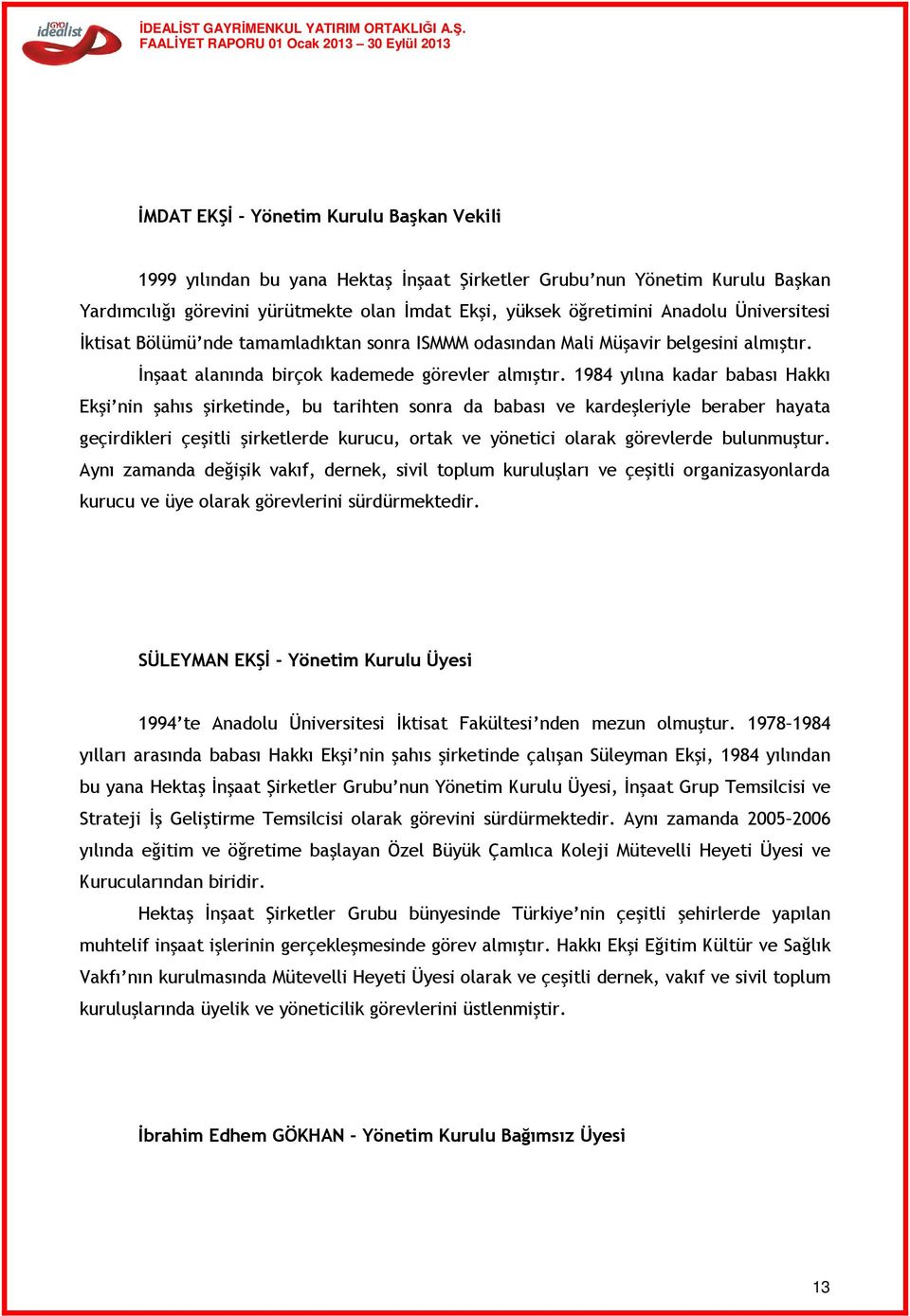 1984 yılına kadar babası Hakkı Ekşi nin şahıs şirketinde, bu tarihten sonra da babası ve kardeşleriyle beraber hayata geçirdikleri çeşitli şirketlerde kurucu, ortak ve yönetici olarak görevlerde