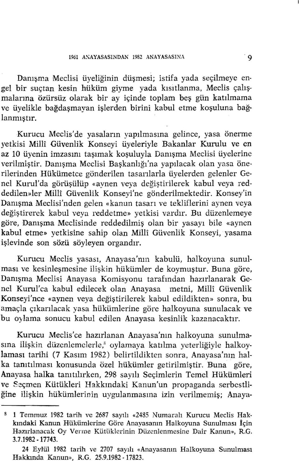 Kurucu Meclis' de yasaların yapılmasına gelince, yasa önerme yetkisi Milli Güvenlik Konseyi üyeleriyle Bakanlar Kurulu ve en az 10 üyenin imzasını taşımak koşuluyla Danışma Meclisi üyelerine