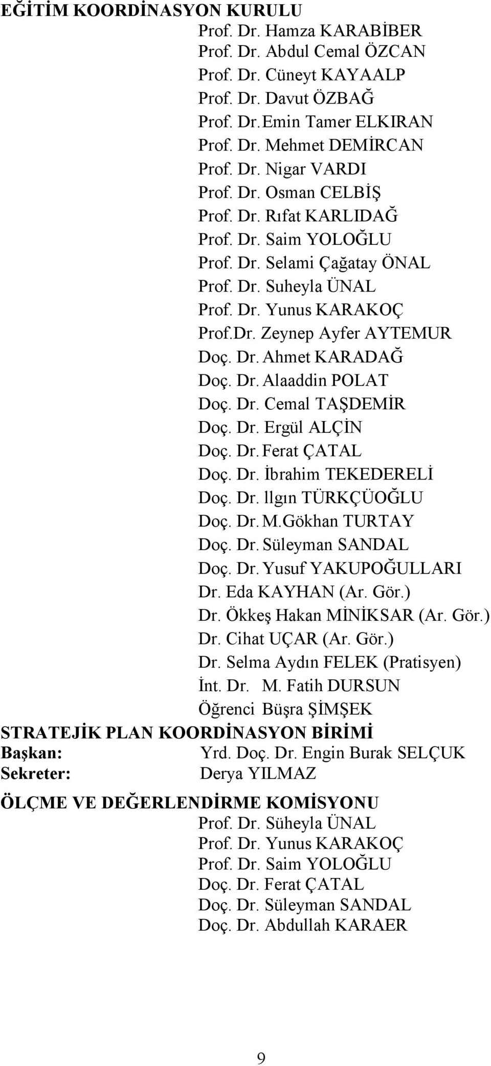 Dr. Alaaddin POLAT Doç. Dr. Cemal TAŞDEMĐR Doç. Dr. Ergül ALÇĐN Doç. Dr. Ferat ÇATAL Doç. Dr. Đbrahim TEKEDERELĐ Doç. Dr. llgın TÜRKÇÜOĞLU Doç. Dr. M.Gökhan TURTAY Doç. Dr. Süleyman SANDAL Doç. Dr. Yusuf YAKUPOĞULLARI Dr.