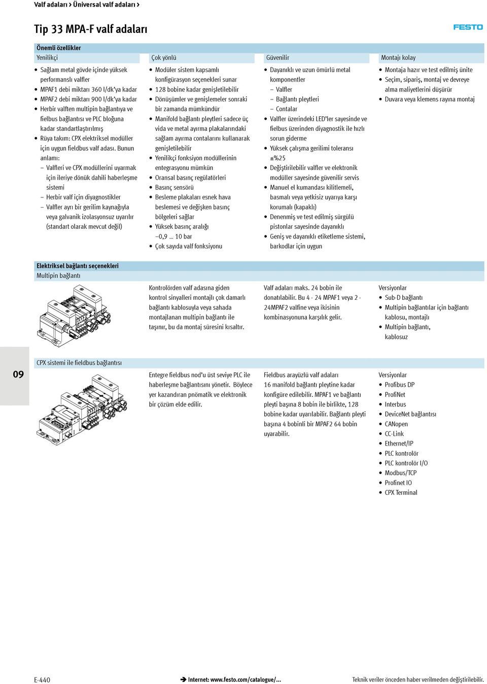 Bunun anlamı: Valfleri ve CPX modüllerini uyarmak için ileriye dönük dahili haberleșme sistemi Herbir valf için diyagnostikler Valfler ayrı bir gerilim kaynağıyla veya galvanik izolasyonsuz uyarılır