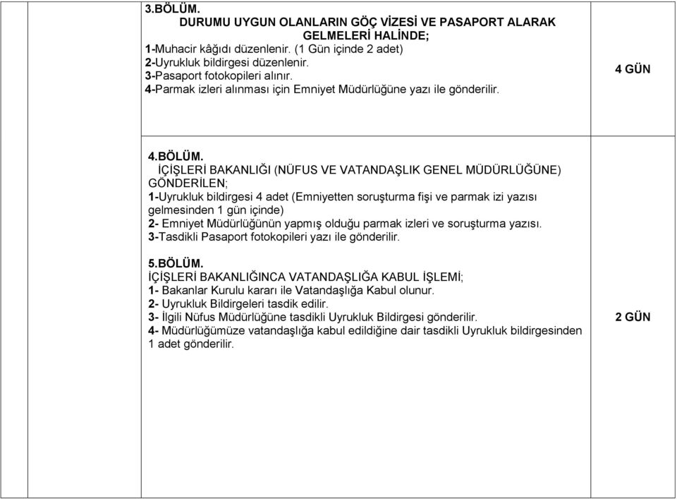 İÇİŞLERİ BAKANLIĞI (NÜFUS VE VATANDAŞLIK GENEL MÜDÜRLÜĞÜNE) GÖNDERİLEN; 1-Uyrukluk bildirgesi 4 adet (Emniyetten soruşturma fişi ve parmak izi yazısı gelmesinden 1 gün içinde) 2- Emniyet Müdürlüğünün