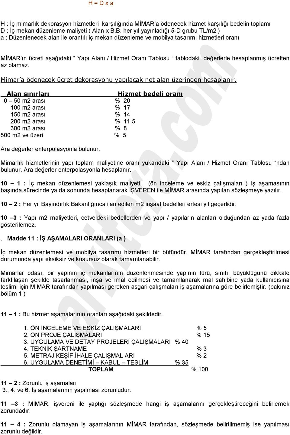 tablodaki değerlerle hesaplanmış ücretten az olamaz. Mimar a ödenecek ücret dekorasyonu yapılacak net alan üzerinden hesaplanır.