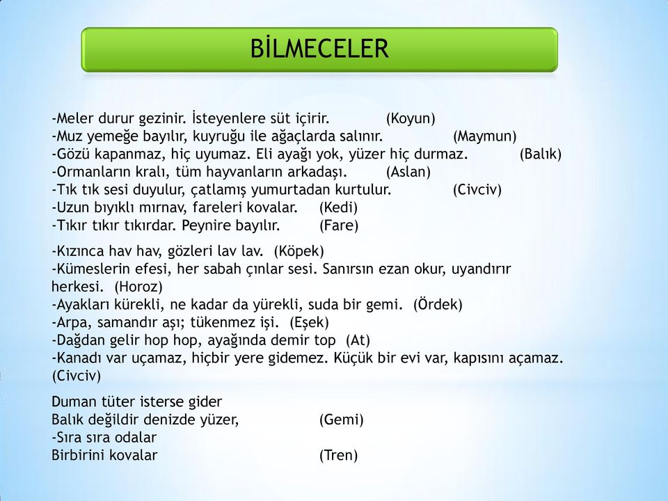 Peynire bayılır. (Fare) -Kızınca hav hav, gözleri lav lav. (Köpek) -Kümeslerin efesi, her sabah çınlar sesi. Sanırsın ezan okur, uyandırır herkesi.