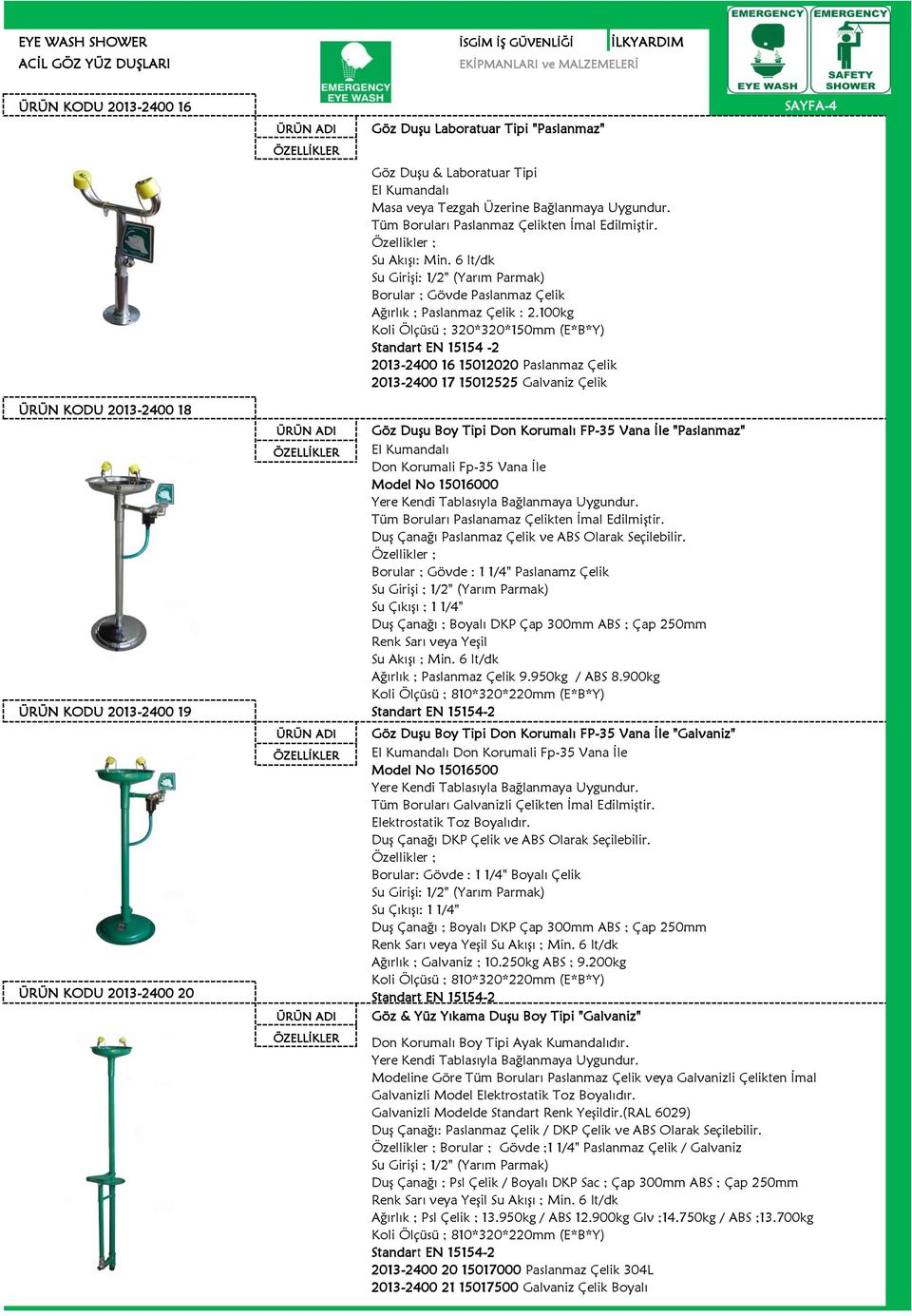 100kg Koli Ölçüsü ; 320*320*150mm (E*B*Y) Standart EN 15154-2 2013-2400 16 15012020 Paslanmaz Çelik 2013-2400 17 15012525 Galvaniz Çelik SAYFA-4 ÜRÜN KODU 2013-2400 18 ÜRÜN KODU 2013-2400 19 ÜRÜN