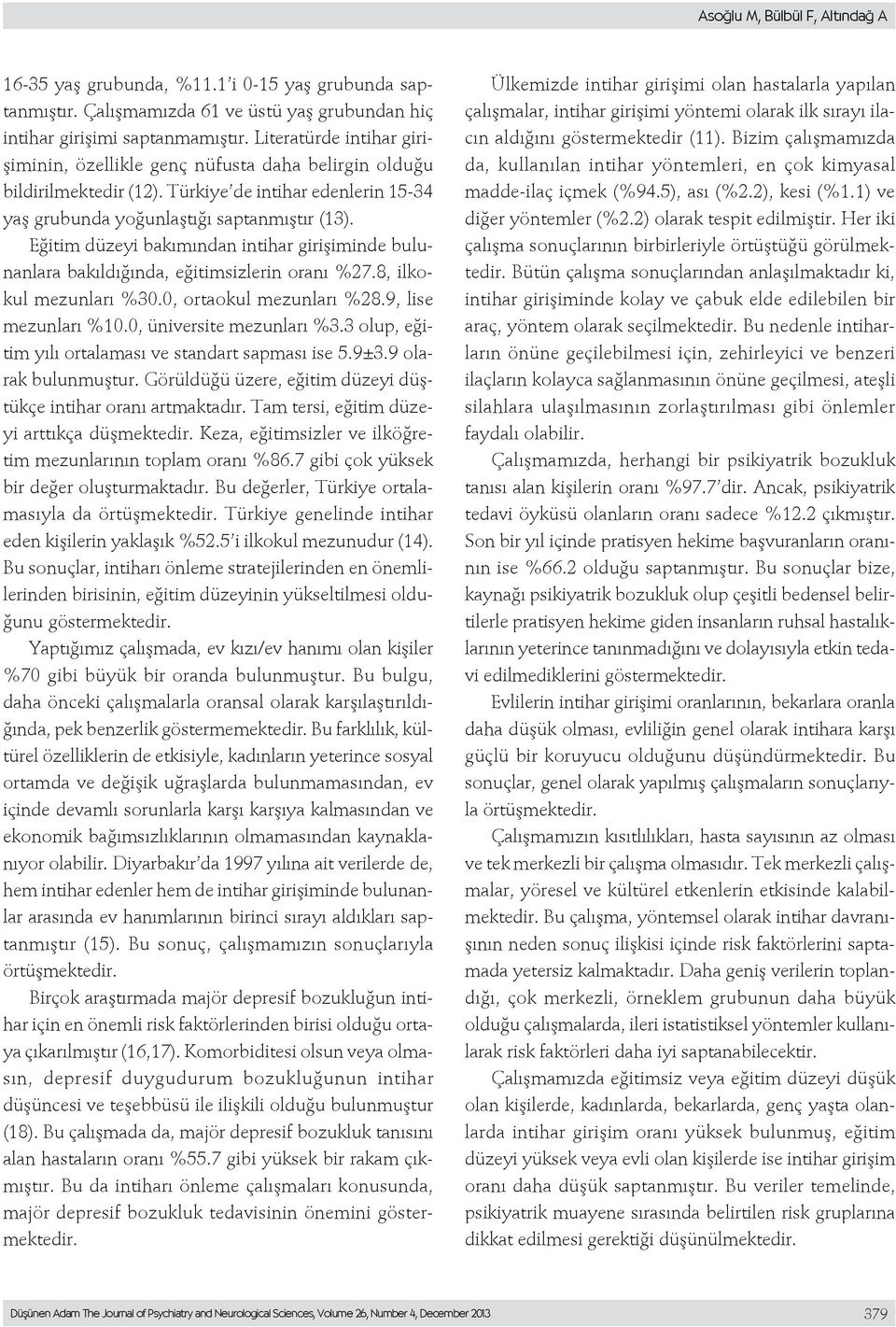 Eğitim düzeyi bakımından intihar girişiminde bulunanlara bakıldığında, eğitimsizlerin oranı %27.8, ilkokul mezunları %30.0, ortaokul mezunları %28.9, lise mezunları %10.0, üniversite mezunları %3.