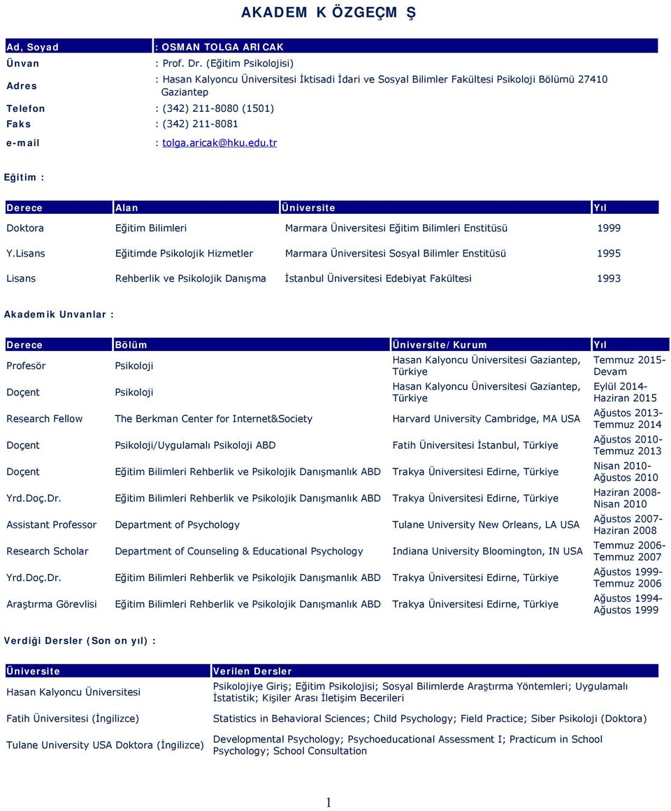 aricak@hku.edu.tr Eğitim : Derece Alan Üniversite Yıl Doktora Eğitim Bilimleri Marmara Üniversitesi Eğitim Bilimleri Enstitüsü 1999 Y.