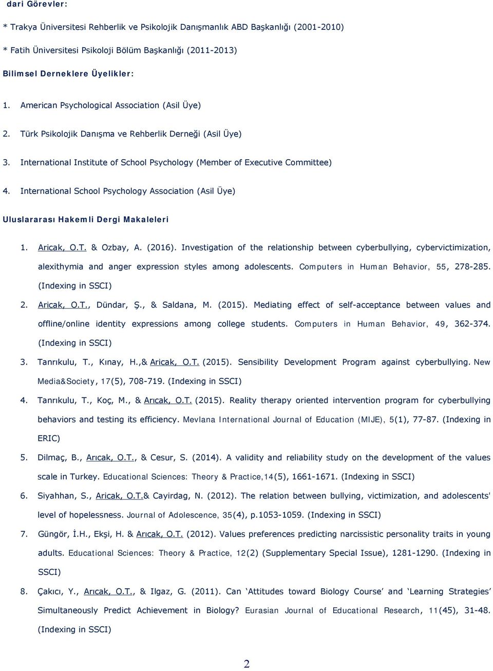 International School Psychology Association (Asil Üye) Uluslararası Hakemli Dergi Makaleleri 1. Aricak, O.T. & Ozbay, A. (2016 ).