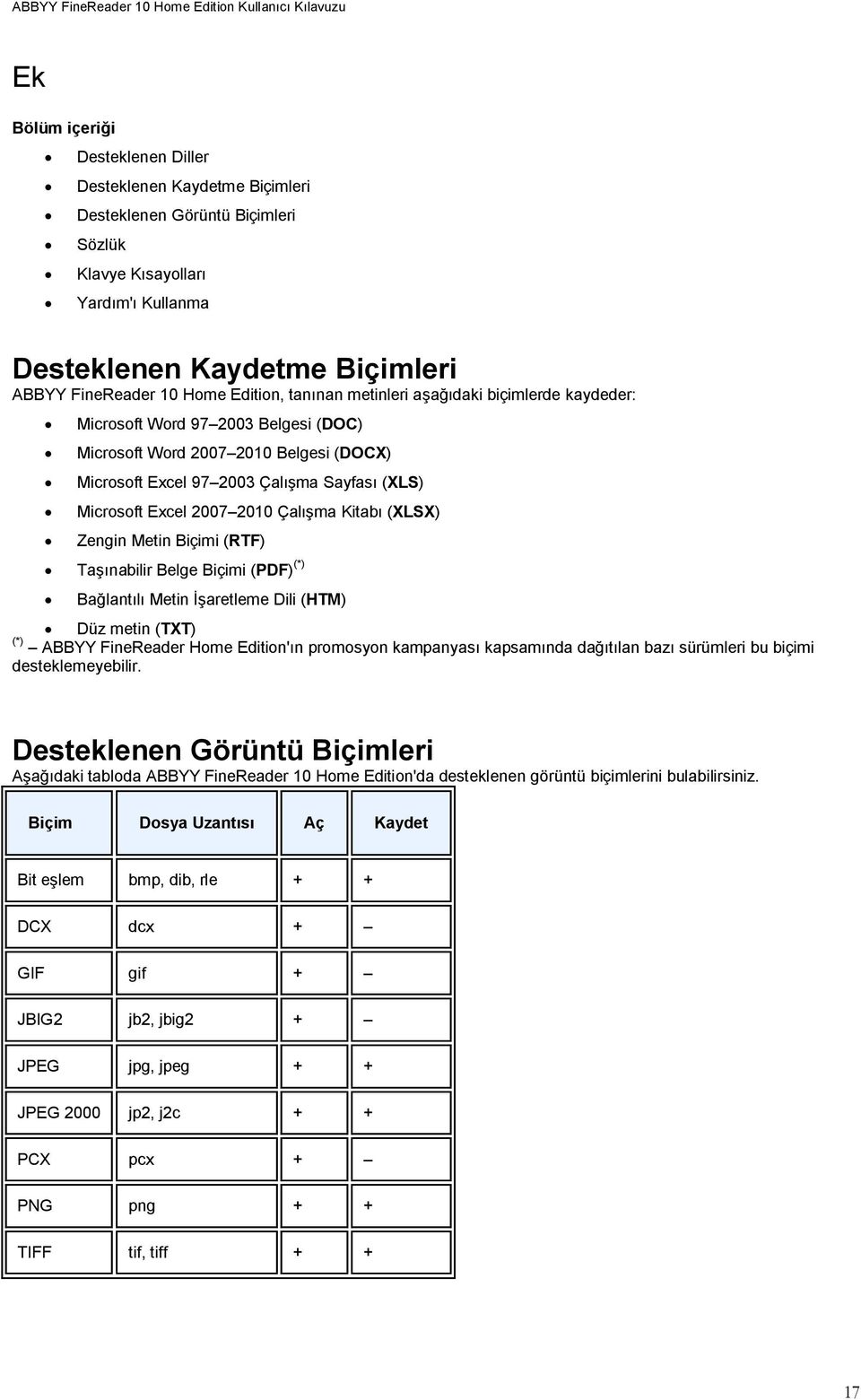 Çalma Sayfas (XLS) Microsoft Excel 2007 2010 Çalma Kitab (XLSX) Zengin Metin Biçimi (RTF) Tanabilir Belge Biçimi (PDF) (*) Balantl Metin aretleme Dili (HTM) Düz metin (TXT) (*) ABBYY FineReader Home