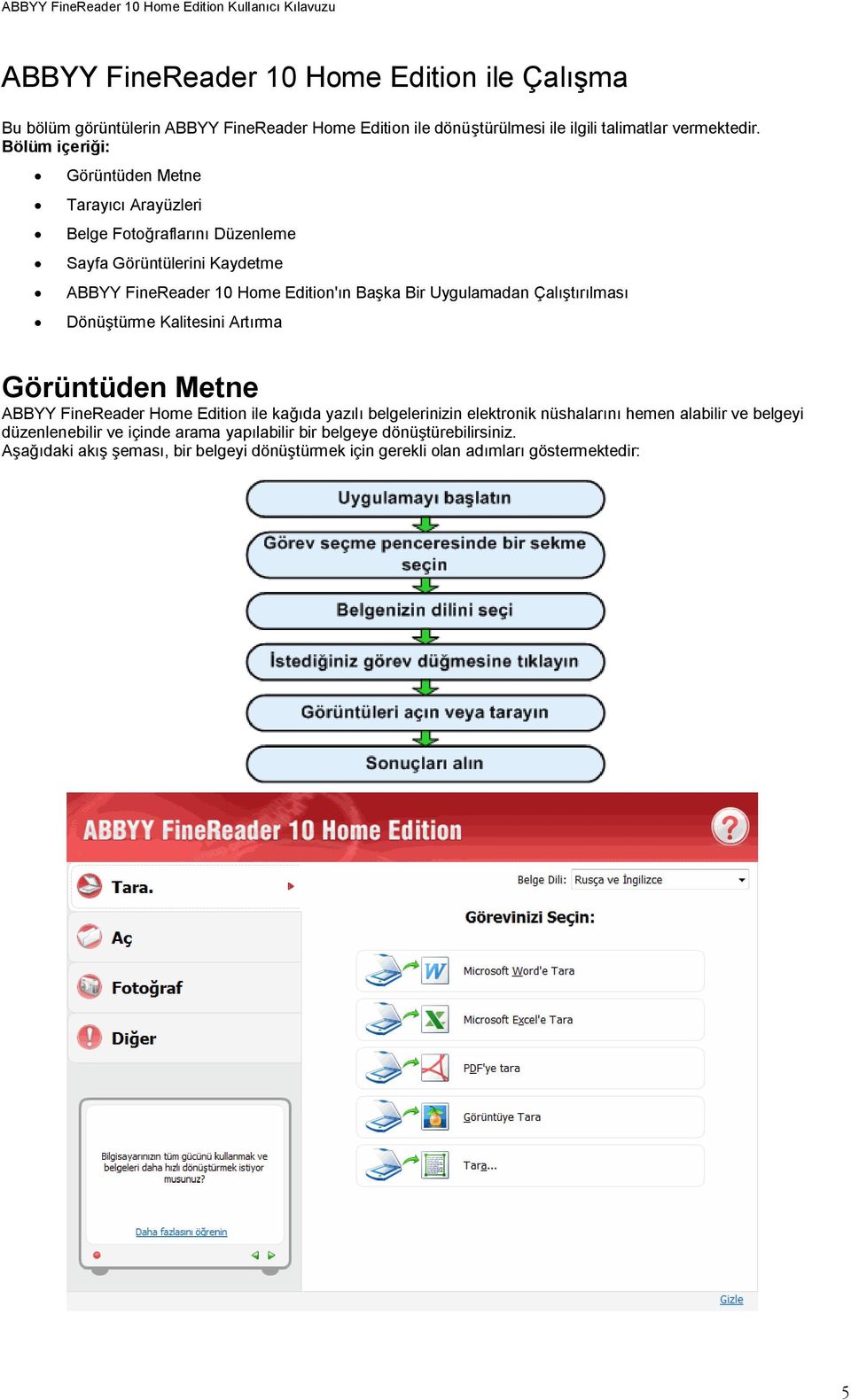 Bölüm içerii: Görüntüden Metne Tarayc Arayüzleri Belge Fotoraflarn Düzenleme Sayfa Görüntülerini Kaydetme ABBYY FineReader 10 Home Edition'n Baka Bir Uygulamadan
