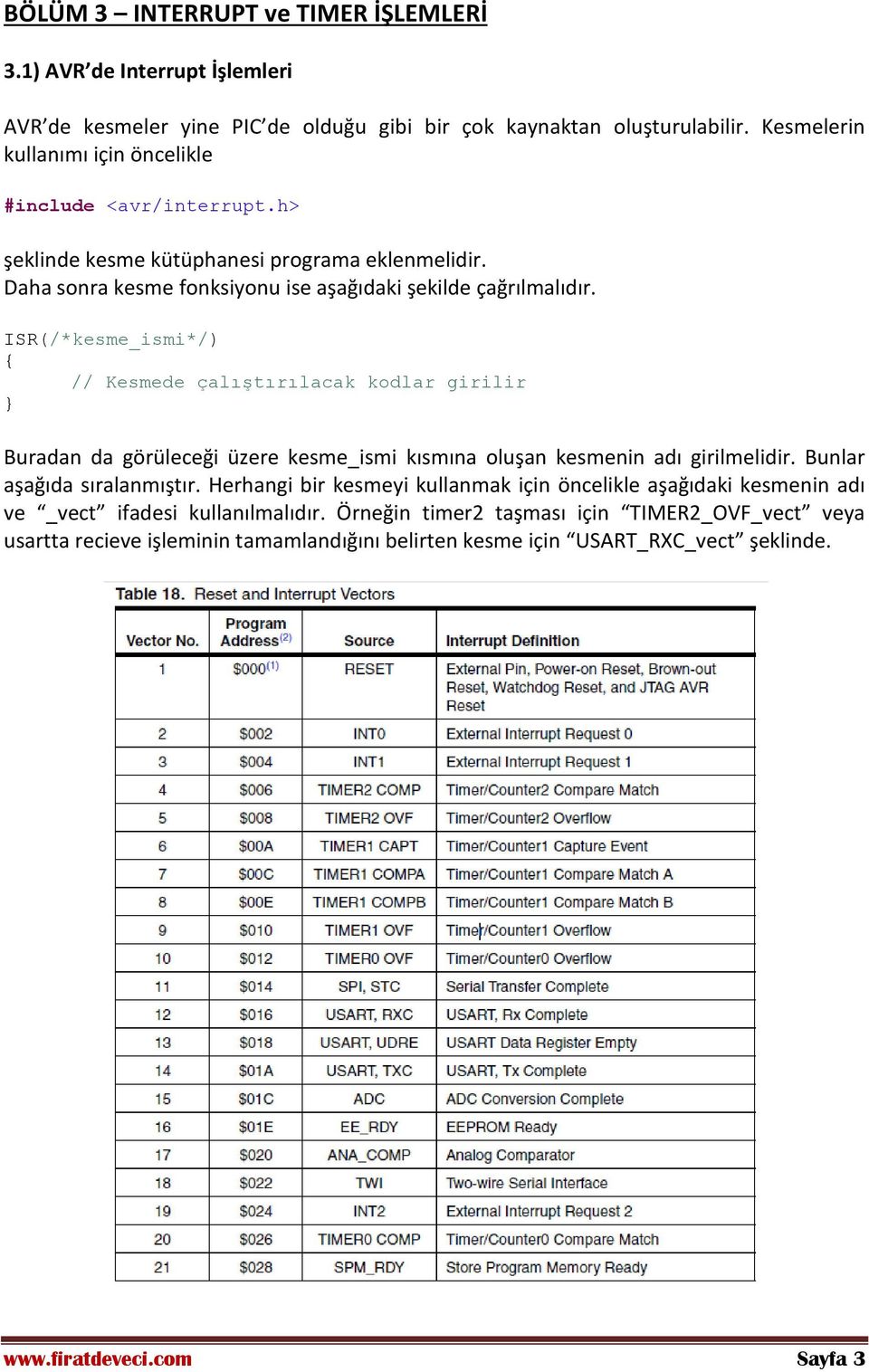 ISR(/*kesme_ismi*/) // Kesmede çalıştırılacak kodlar girilir Buradan da görüleceği üzere kesme_ismi kısmına oluşan kesmenin adı girilmelidir. Bunlar aşağıda sıralanmıştır.