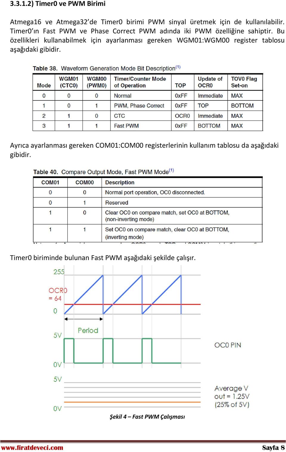 Bu özellikleri kullanabilmek için ayarlanması gereken WGM01:WGM00 register tablosu aşağıdaki gibidir.