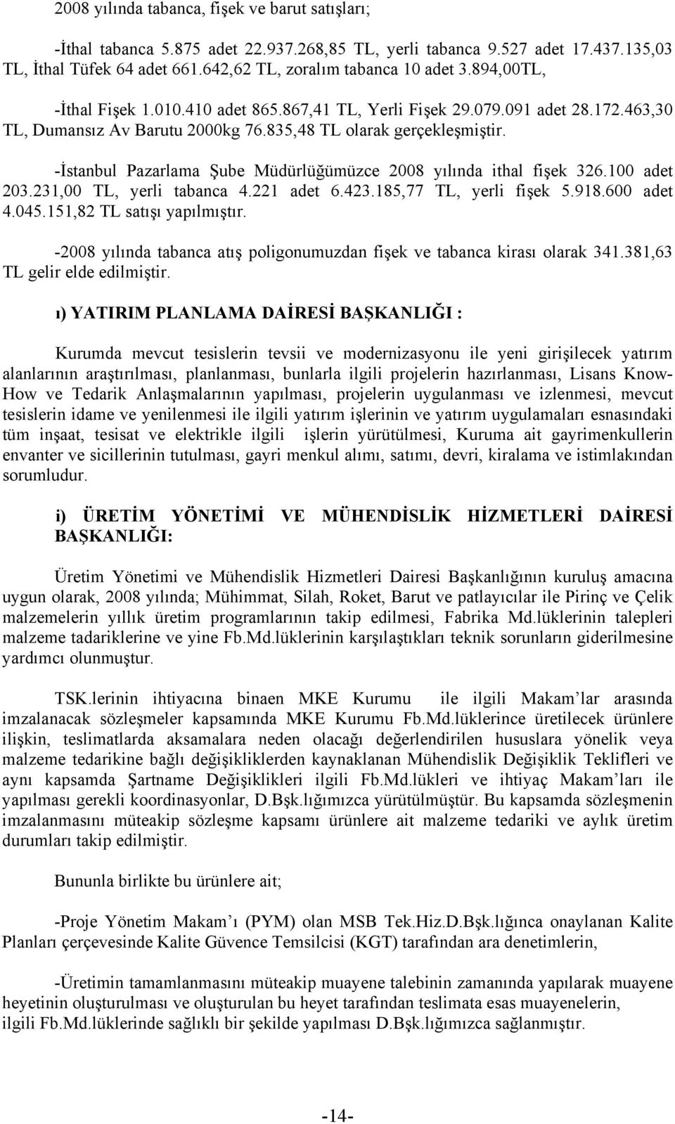 -İstanbul Pazarlama Şube Müdürlüğümüzce 2008 yılında ithal fişek 326.100 adet 203.231,00 TL, yerli tabanca 4.221 adet 6.423.185,77 TL, yerli fişek 5.918.600 adet 4.045.151,82 TL satışı yapılmıştır.