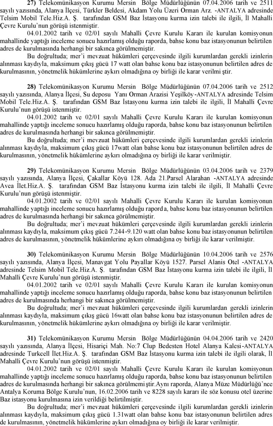 28) Telekomünikasyon Kurumu Mersin Bölge Müdürlüğünün 07.04.2006 tarih ve 2512 sayılı yazısında, Alanya İlçesi, Su deposu Yanı Orman Arazisi Yeşilköy-ANTALYA adresinde Telsim Mobil Tele.Hiz.A. Ş.