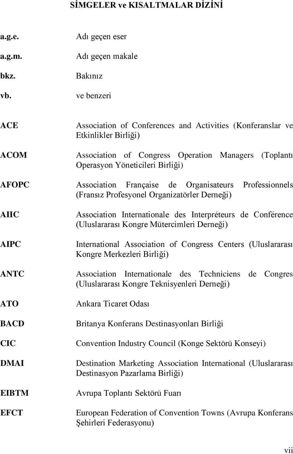 Operasyon Yöneticileri Birliği) AFOPC Association Française de Organisateurs Professionnels (Fransız Profesyonel Organizatörler Derneği) AIIC AIPC ANTC ATO BACD CIC DMAI EIBTM EFCT Association