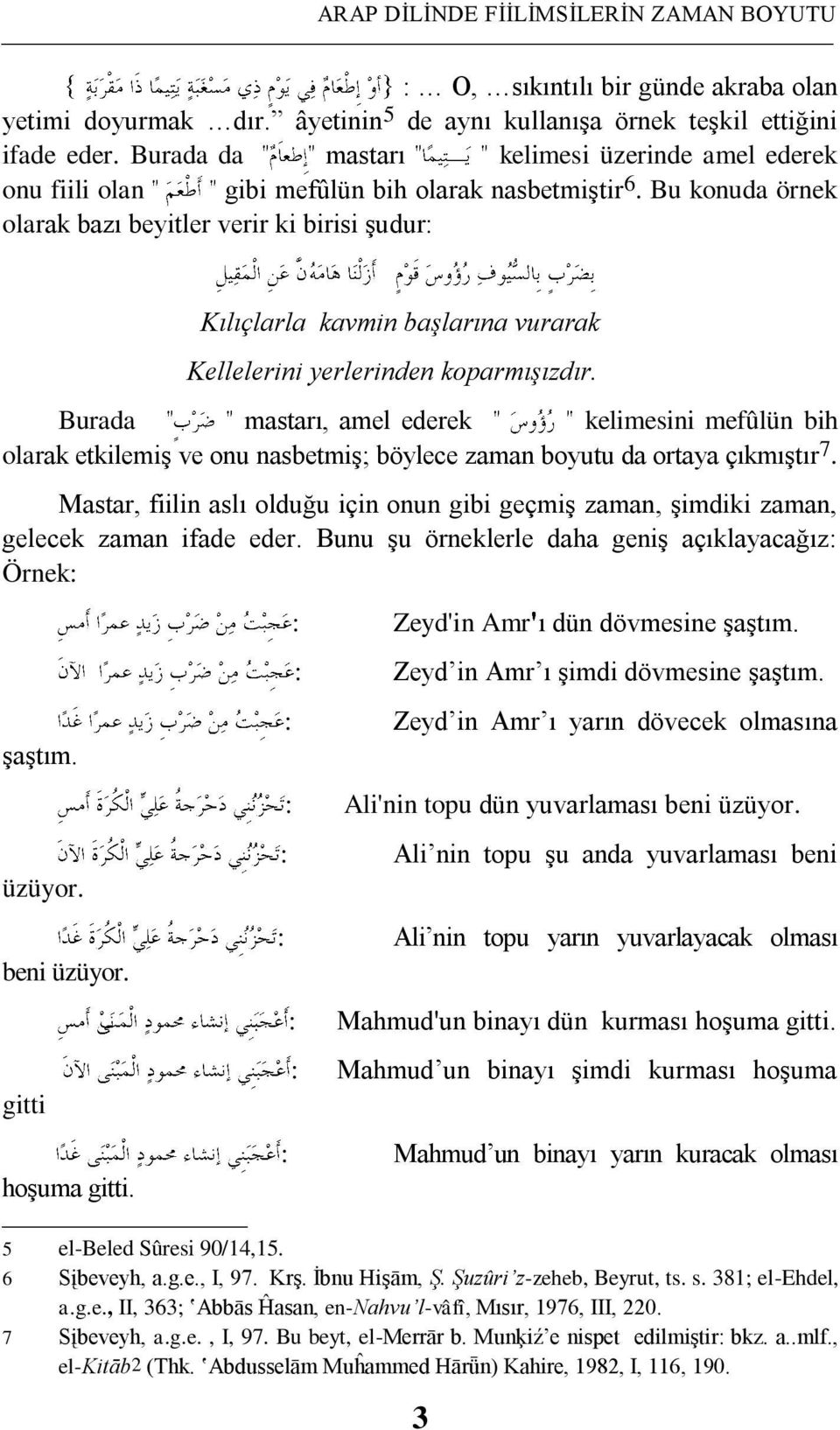 Bu konuda örnek olarak bazı beyitler verir ki birisi Ģudur: Kılıçlarla kavmin başlarına vurarak Kellelerini yerlerinden koparmışızdır.