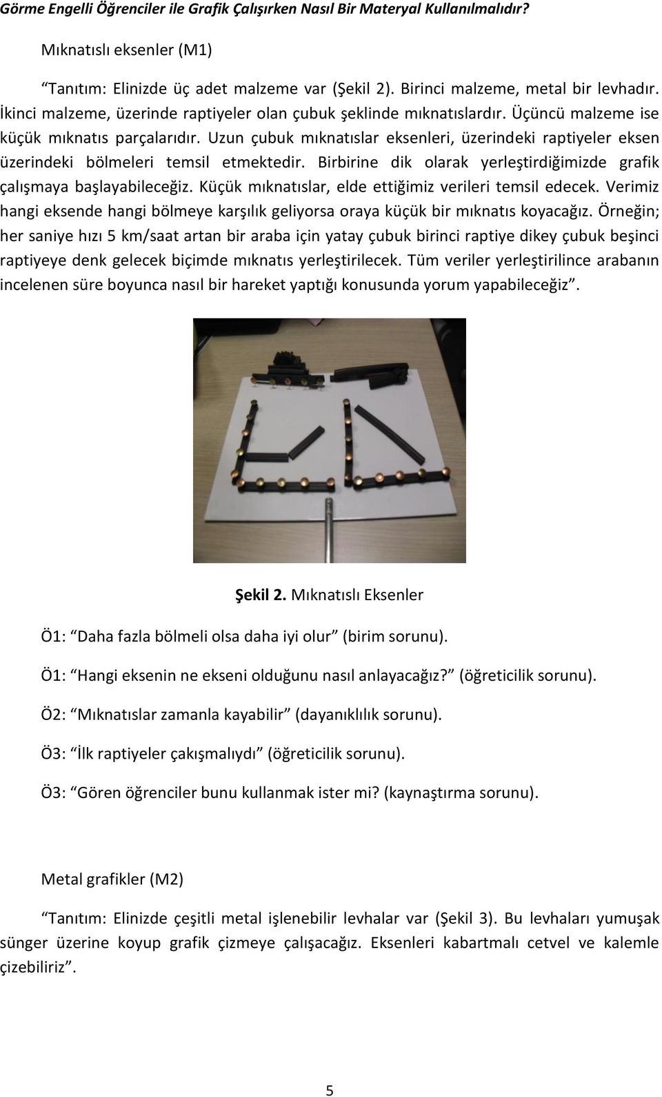 Uzun çubuk mıknatıslar eksenleri, üzerindeki raptiyeler eksen üzerindeki bölmeleri temsil etmektedir. Birbirine dik olarak yerleştirdiğimizde grafik çalışmaya başlayabileceğiz.