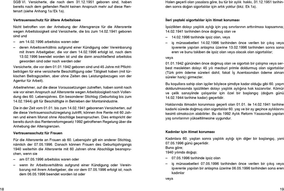 1941 geboren sind und am 14.02.1996 arbeitslos waren oder deren Arbeitsverhältnis aufgrund einer Kündigung oder Vereinbarung mit ihrem Arbeitgeber, die vor dem 14.02.1996 erfolgt ist, nach dem 13.02.1996 beendet worden ist und die dann anschließend arbeitslos geworden sind oder noch werden oder Versicherte, die vor dem 01.