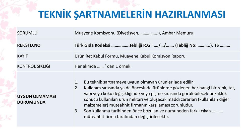 Kullanım sırasında ya da öncesinde ürünlerde gözlenen her hangi bir renk, tat, yapı veya koku değişikliğinde veya pişme sırasında görülebilecek bozukluk sonucu kullanılan ürün miktarı