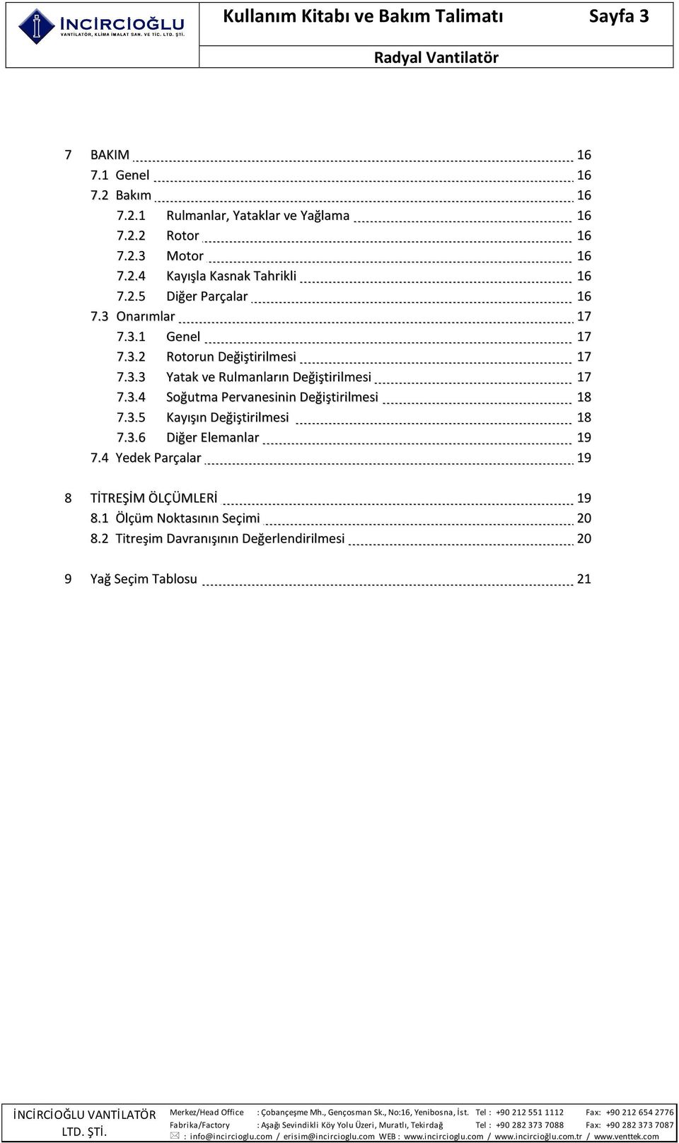 3.4 Soğutma Pervanesinin Değiştirilmesi 18 7.3.5 Kayışın Değiştirilmesi 18 7.3.6 Diğer Elemanlar 19 7.